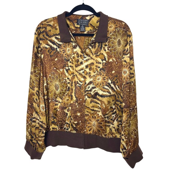 Spenser Jeremy Woman Jackets & Blazers - Spenser Jeremy 100% Silk Jacket 1X Brown Leopard Floral Bomber Mob Wife vintage